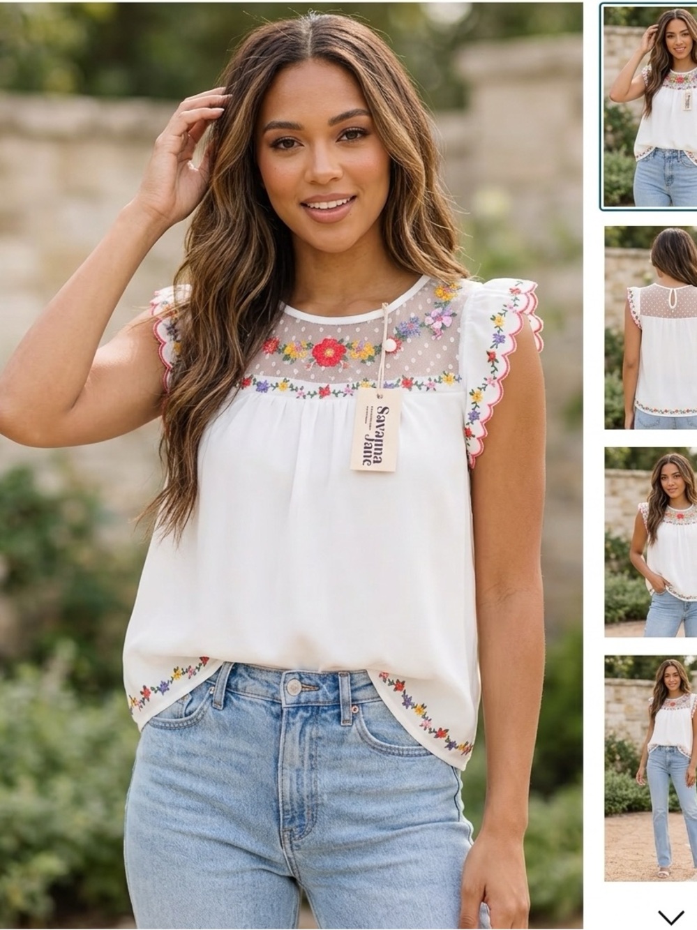 Embroidered White Flutter Sleeve Top with Floral Yoke